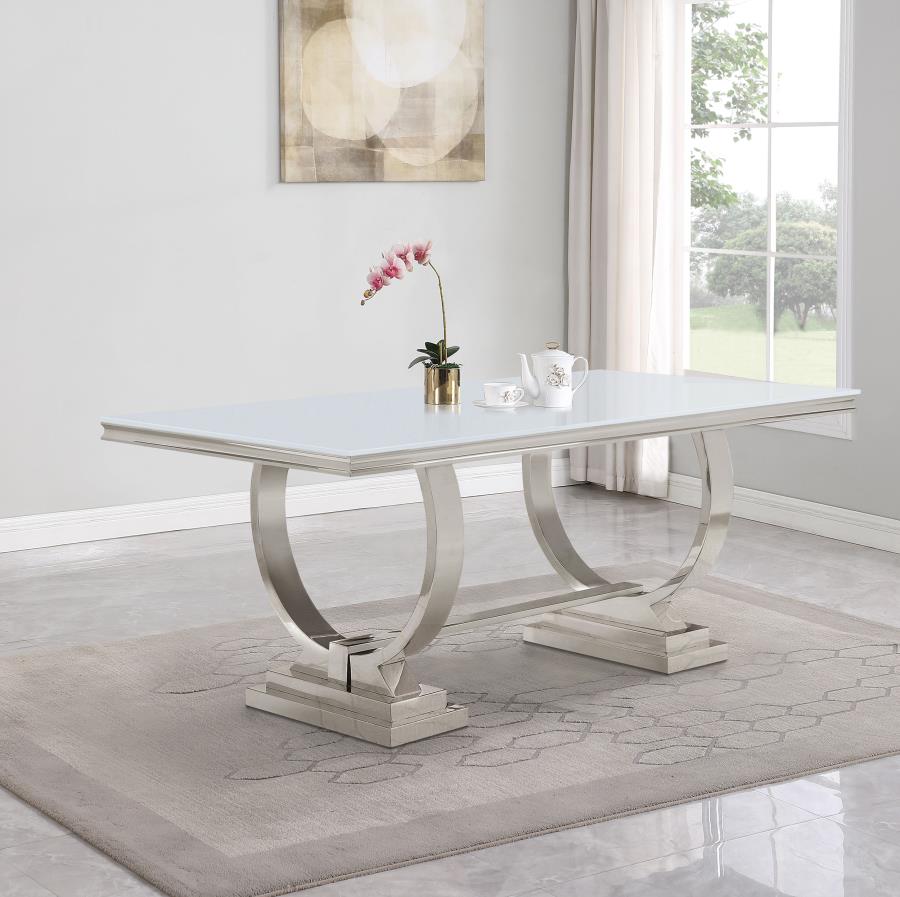Antoine Rectangular Tempered Glass Twin Pedestal Dining Table White
