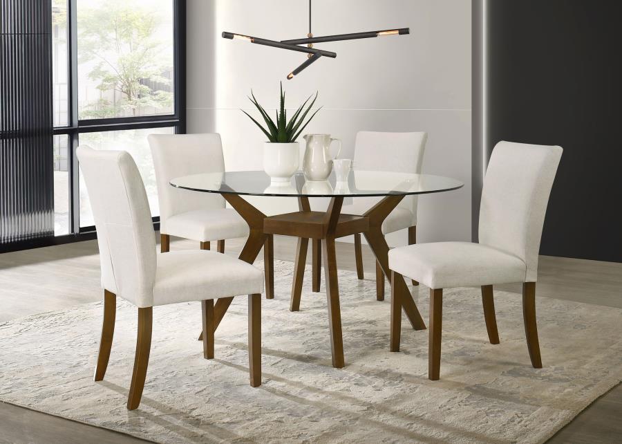 Paxton 5-Piece Round Glass Top Dining Set with Beige Parsons Chairs