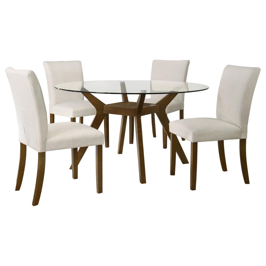 Paxton 5-Piece Round Glass Top Dining Set with Beige Parsons Chairs