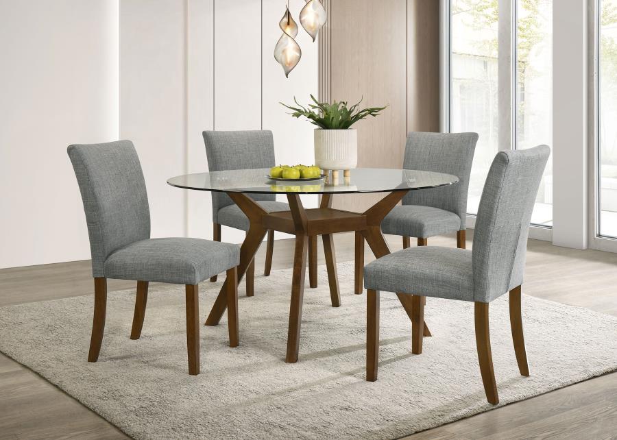 Paxton 5-Piece Round Glass Top Dining Set with Grey Parsons Chairs
