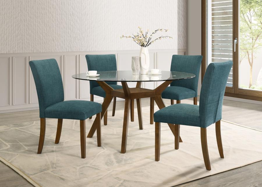 Paxton 5-Piece Round Glass Top Dining Set with Teal Blue Parsons Chairs