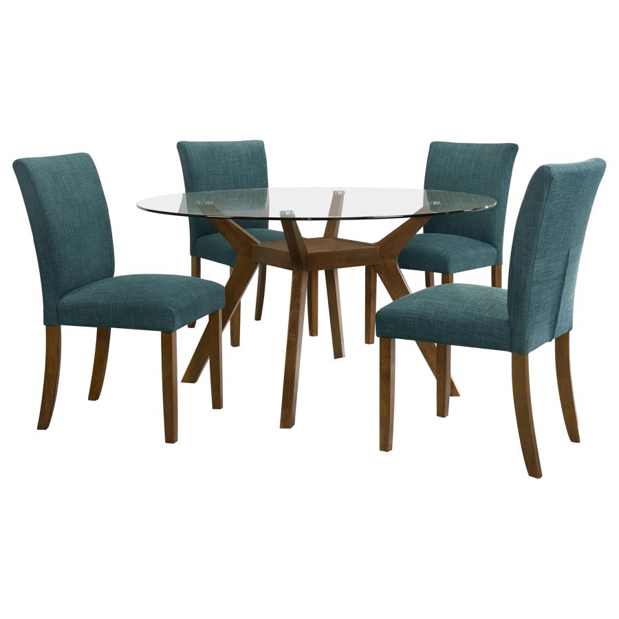 Paxton 5-Piece Round Glass Top Dining Set with Teal Blue Parsons Chairs