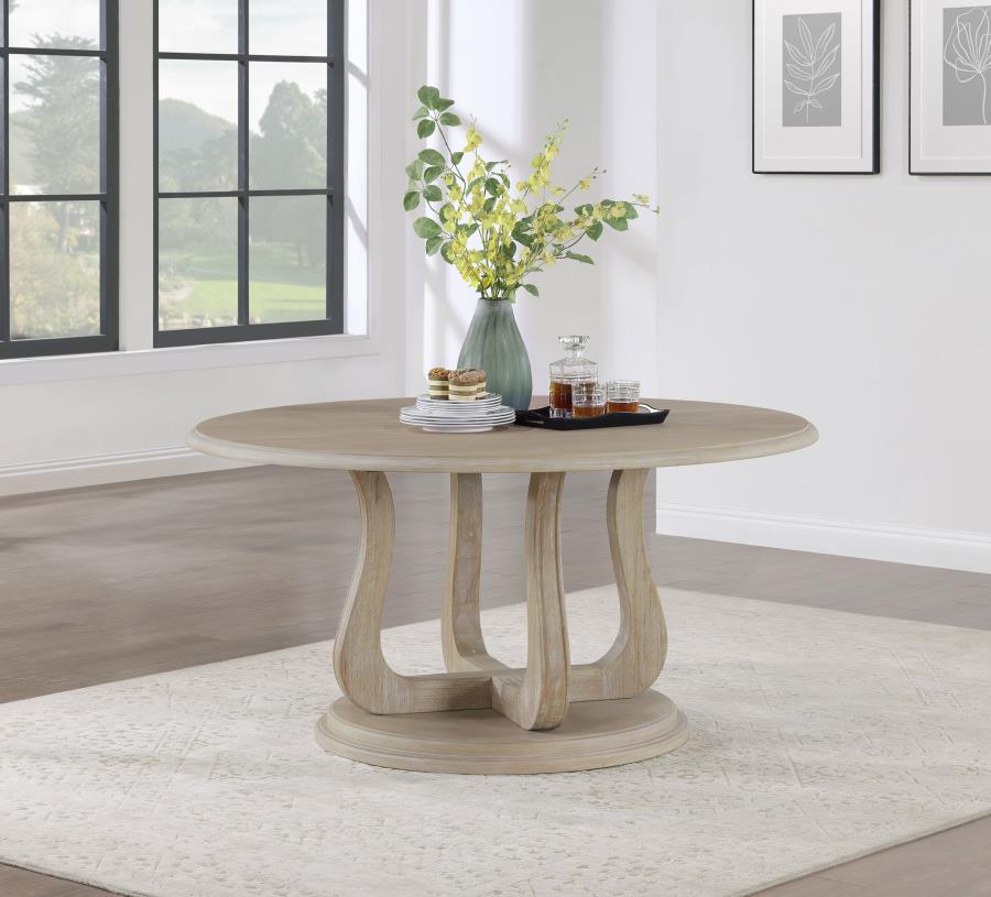 Trofello 60-inch Round Sculptural Pedestal Dining Table White Washed