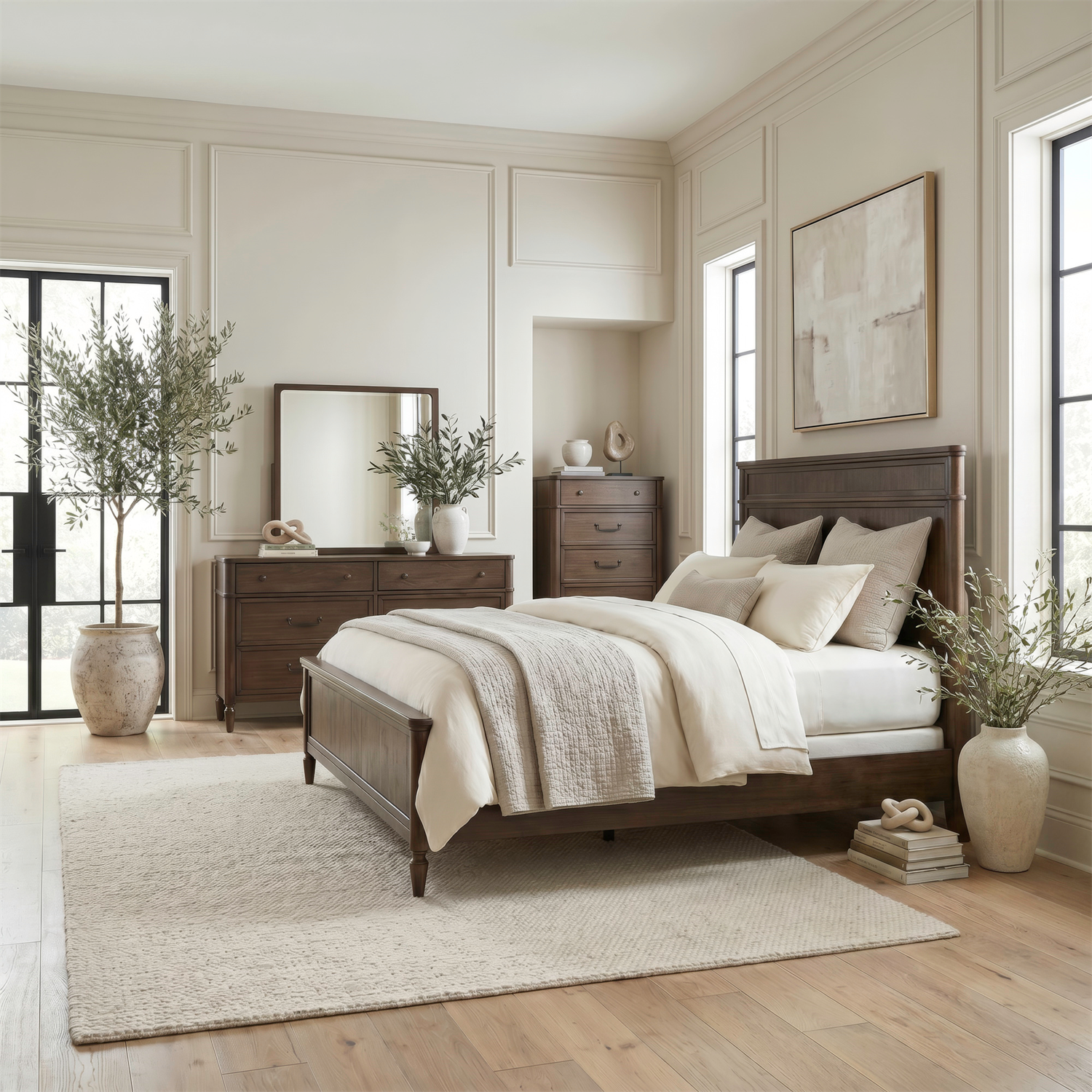 Wesley Hall King Panel Bed, Dresser & Mirror, Chest
