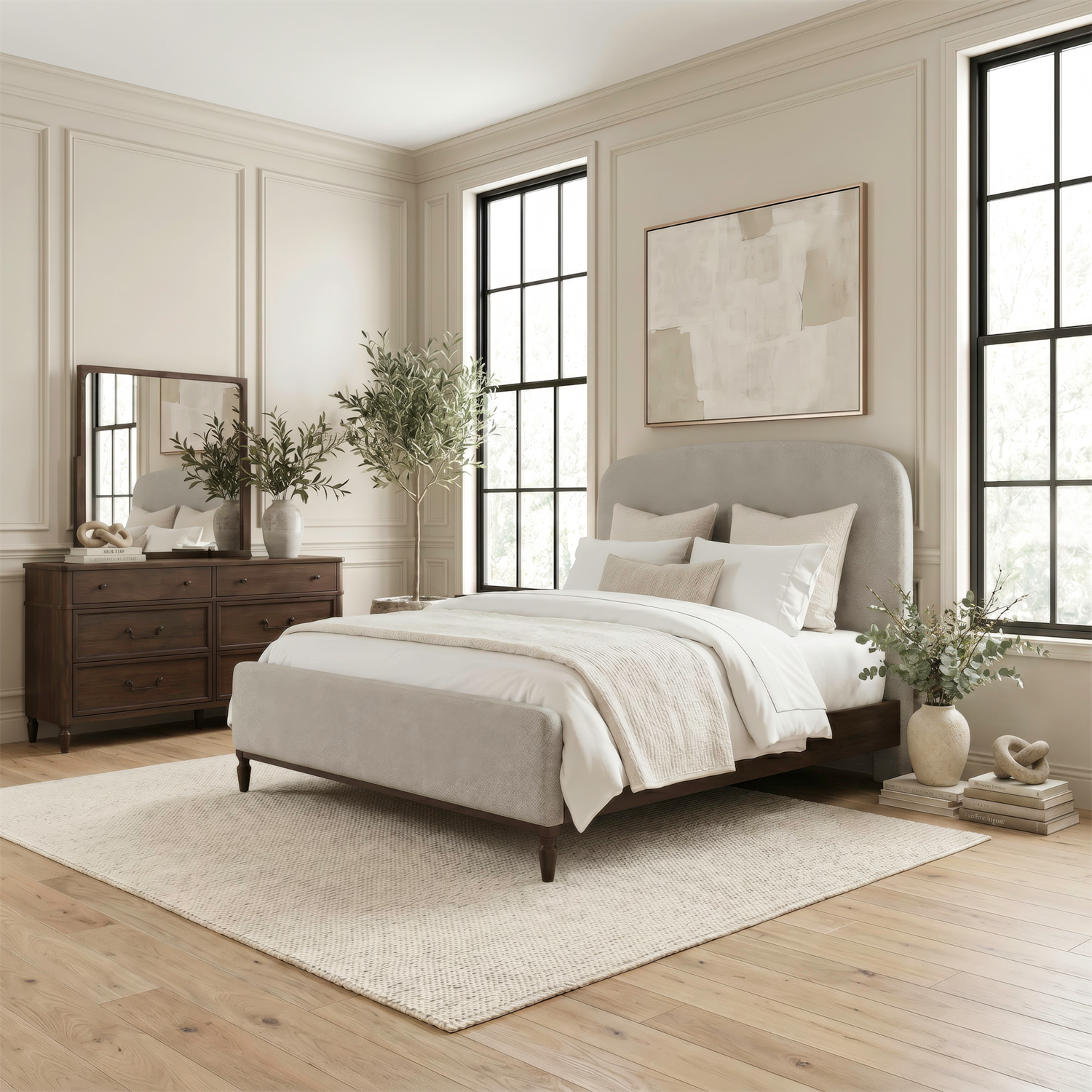 Wesley Hall King Upholstery Bed, Dresser & Mirror