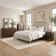 Wesley Hall King Upholstery Bed, Dresser & Mirror, Chest, Nightstand
