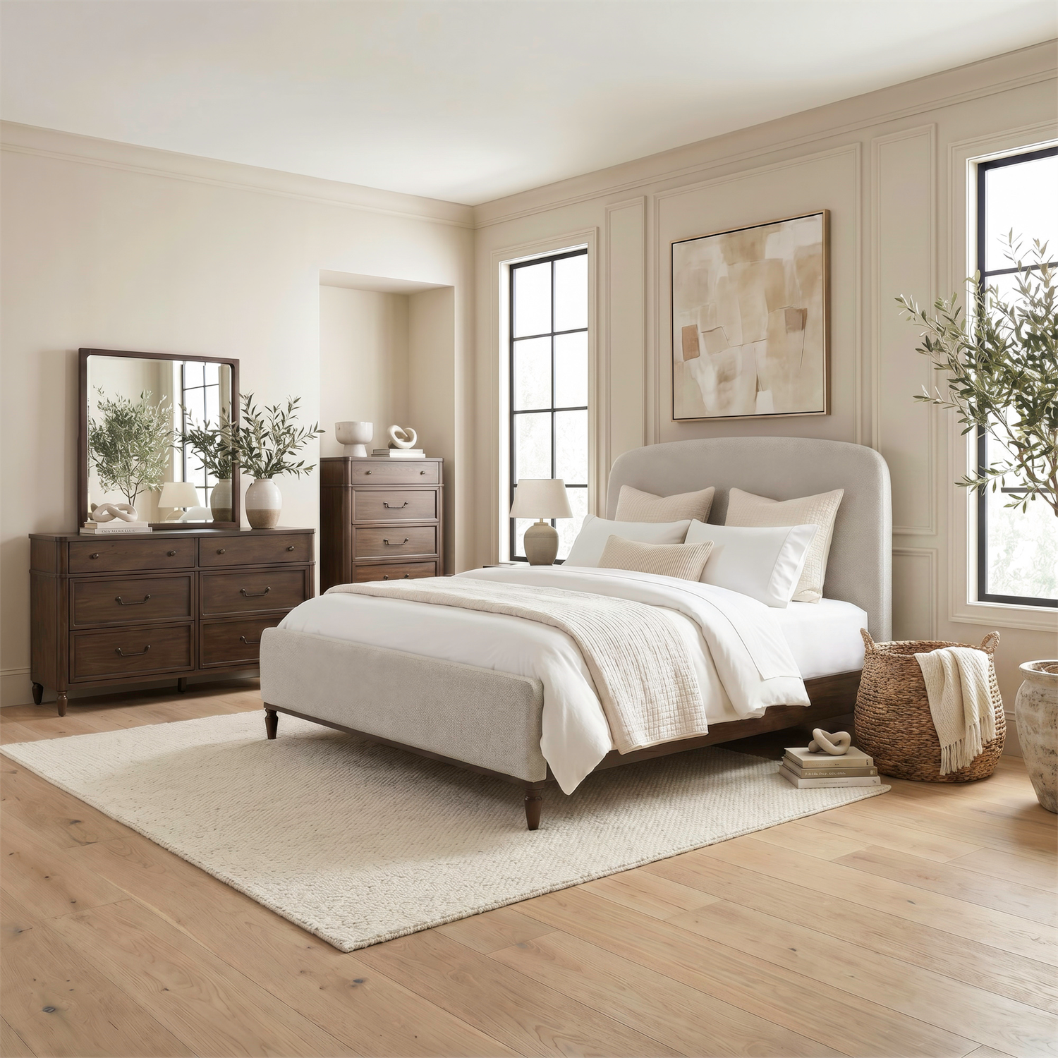 Wesley Hall Queen Upholstery Bed, Dresser & Mirror, Chest