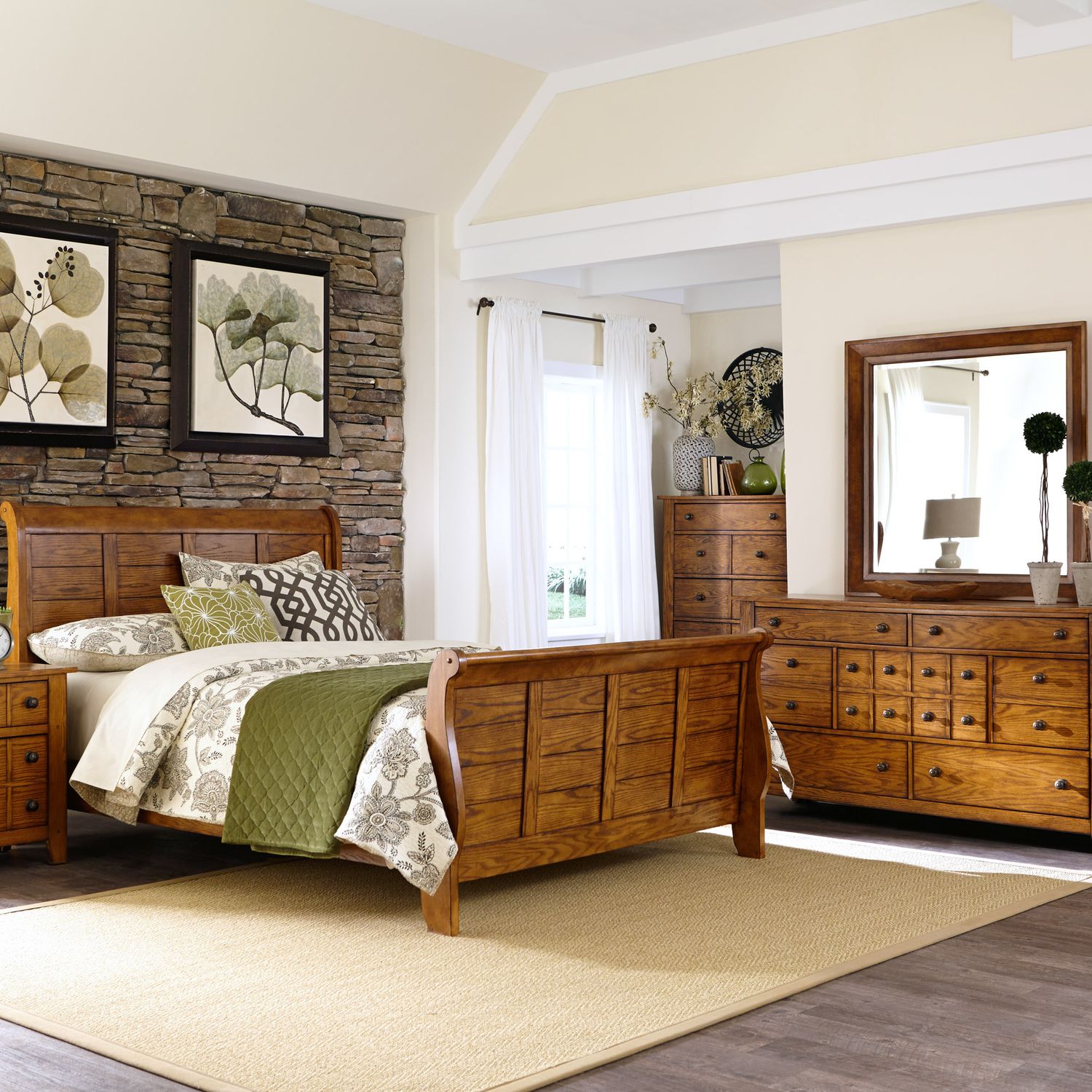Grandpas Cabin King Sleigh Bed, Dresser & Mirror, Nightstand