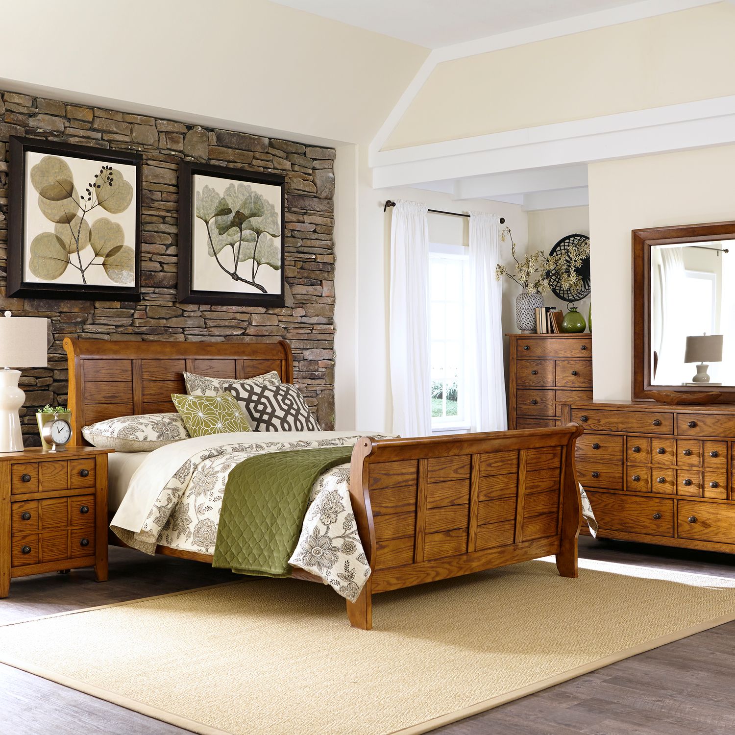 Grandpas Cabin Queen Sleigh Bed, Dresser & Mirror, Chest, Nightstand