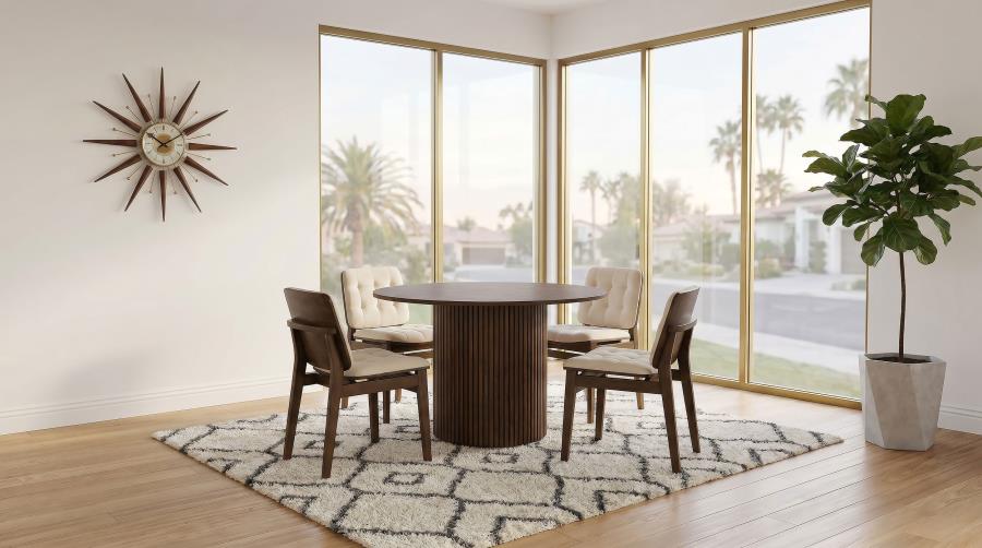 Hamlyn 5-piece Round Dining Set with Cream Tufted Chairs Walnut