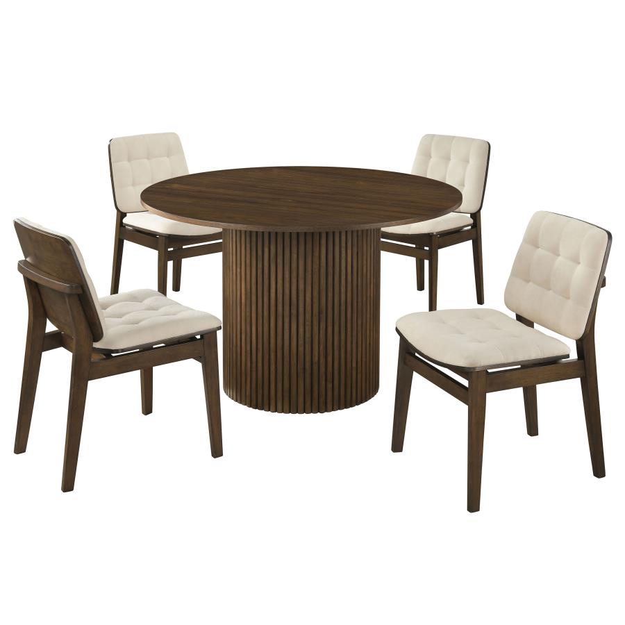 Hamlyn 5-piece Round Dining Set with Cream Tufted Chairs Walnut