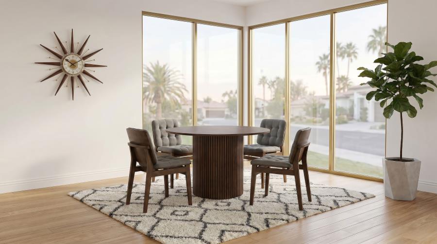 Hamlyn 5-piece Round Dining Set with Grey Tufted Chairs Walnut
