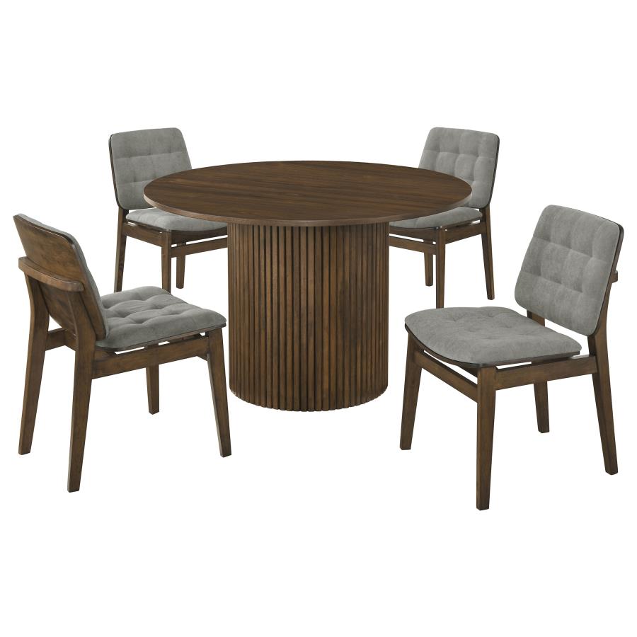 Hamlyn 5-piece Round Dining Set with Grey Tufted Chairs Walnut