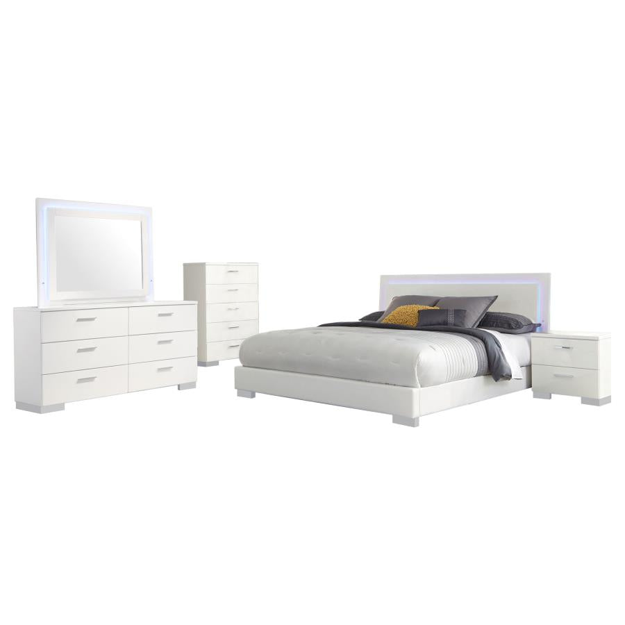 Felicity 5-piece Eastern King LED Mirror Bedroom Set White High Gloss
