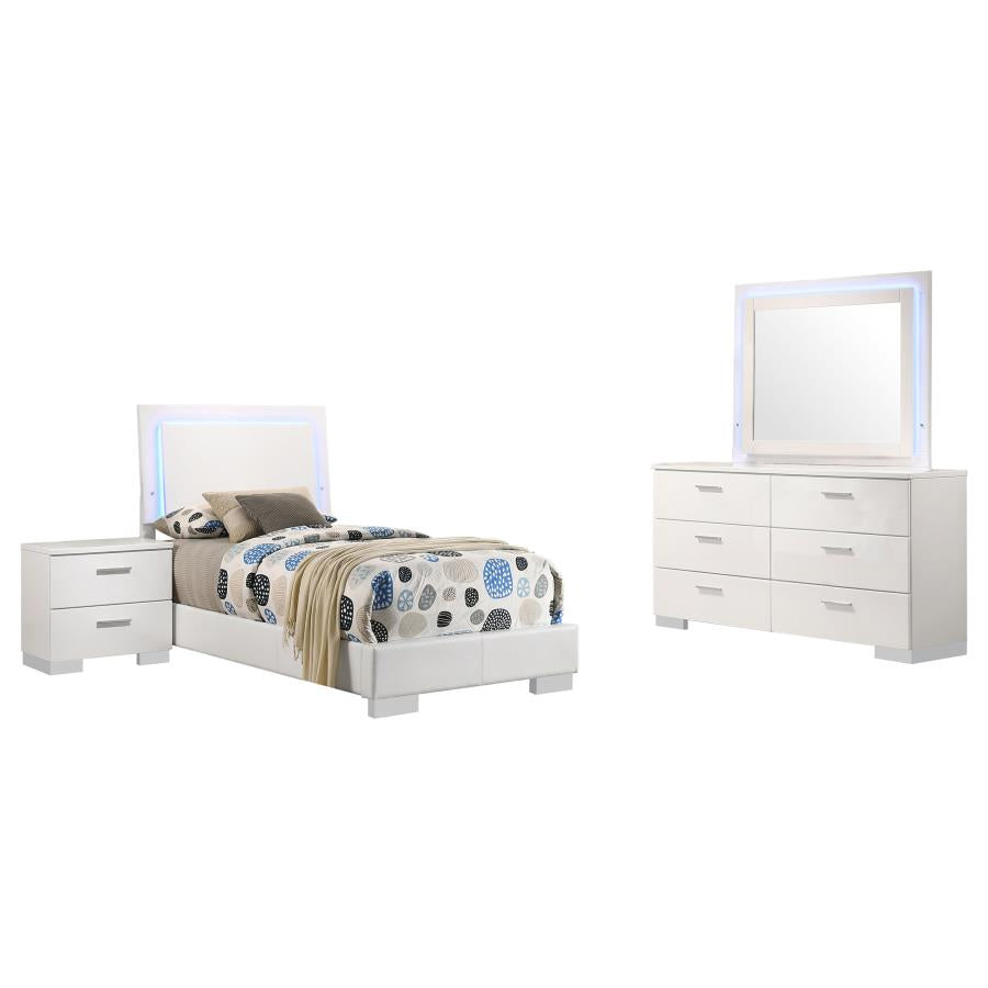 Felicity 4-piece Twin LED Mirror Bedroom Set White High Gloss