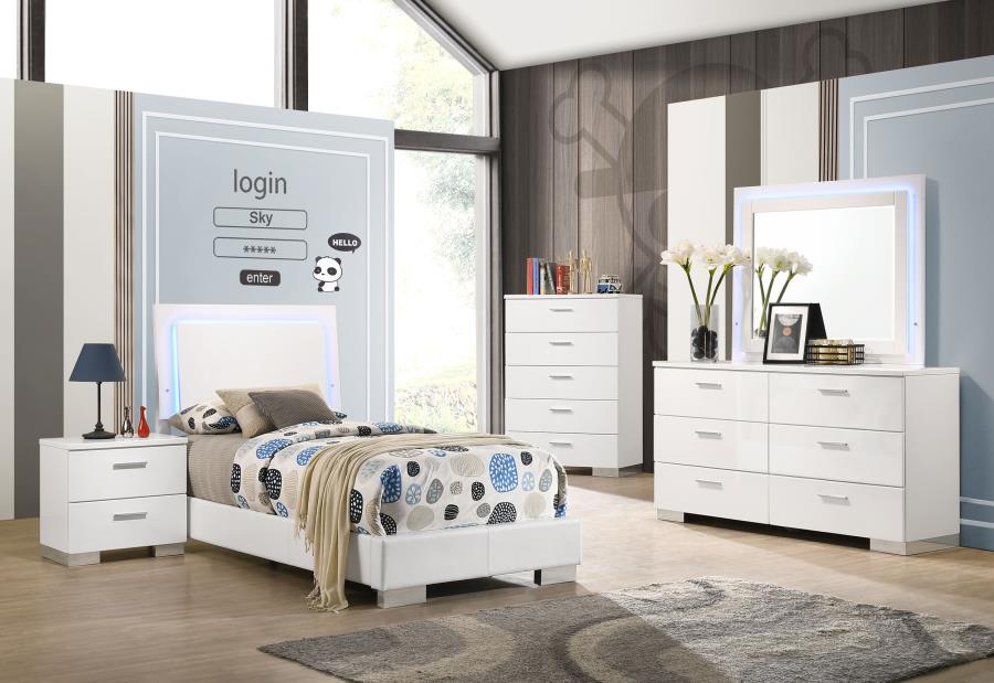 Felicity 5-piece Twin LED Mirror Bedroom Set White High Gloss