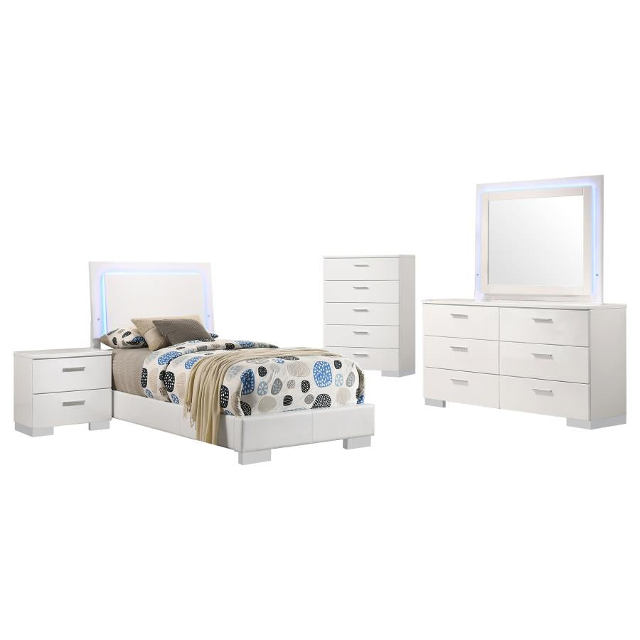 Felicity 5-piece Twin LED Mirror Bedroom Set White High Gloss
