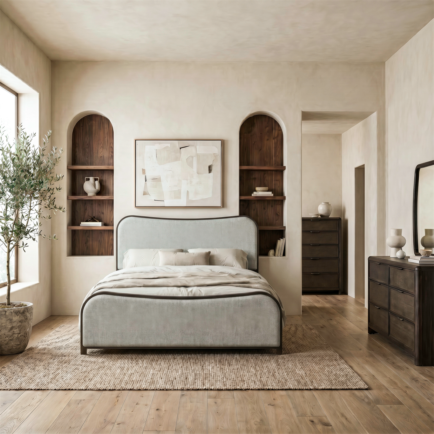 Skye View King California Upholstery Bed, Dresser & Mirror, Chest