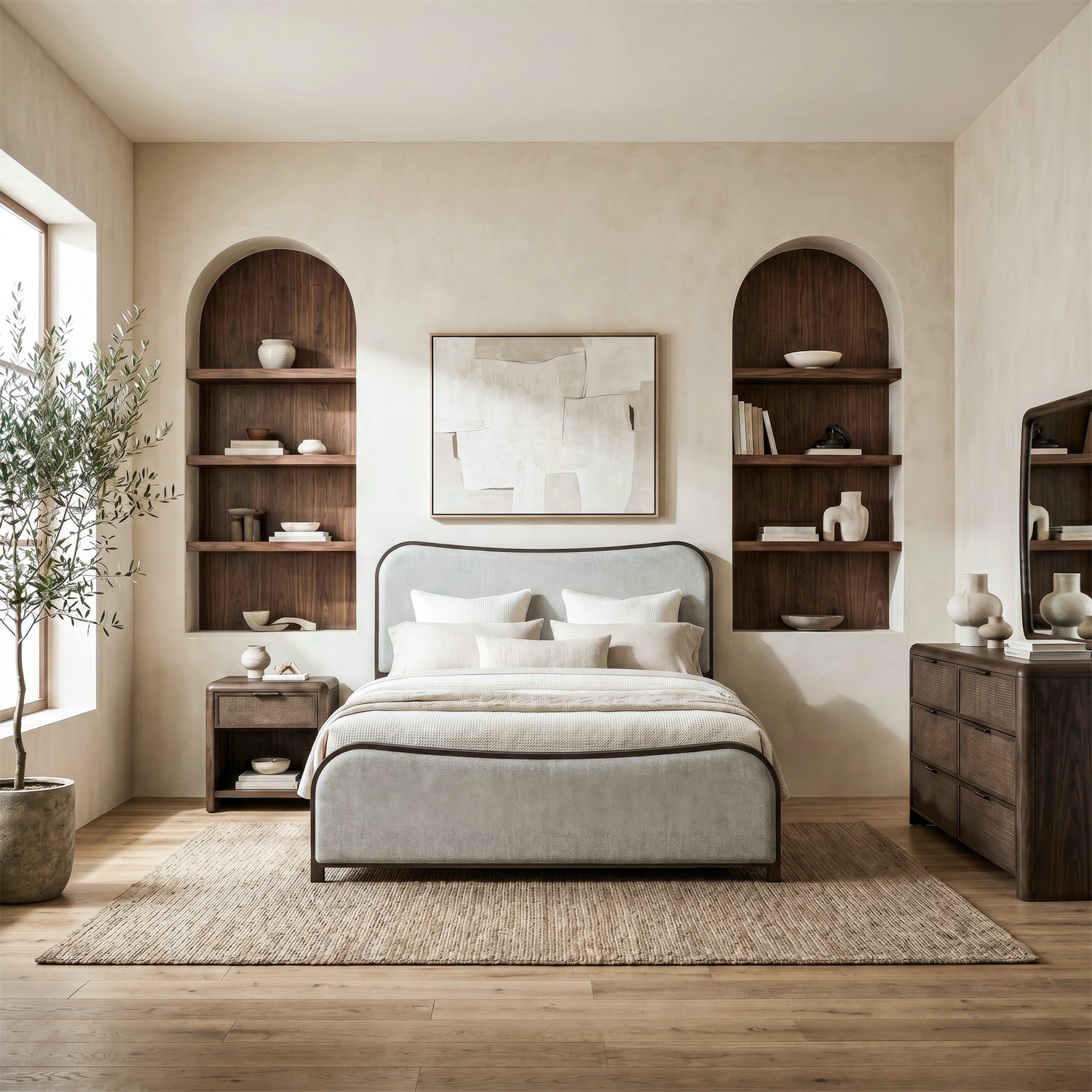 Skye View King California Upholstery Bed, Dresser & Mirror, Nightstand
