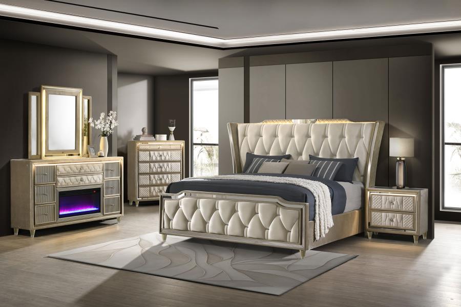 Lorient 5-piece Eastern King Fireplace Bedroom Set Ivory and Camel