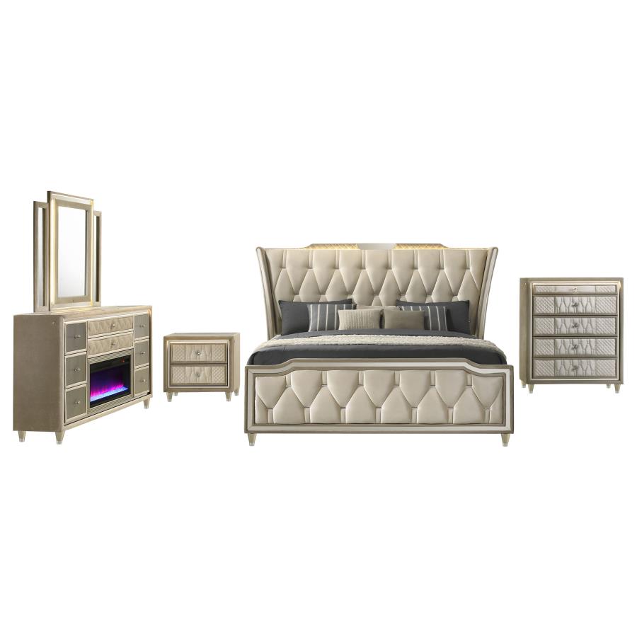 Lorient 5-piece Eastern King Fireplace Bedroom Set Ivory and Camel
