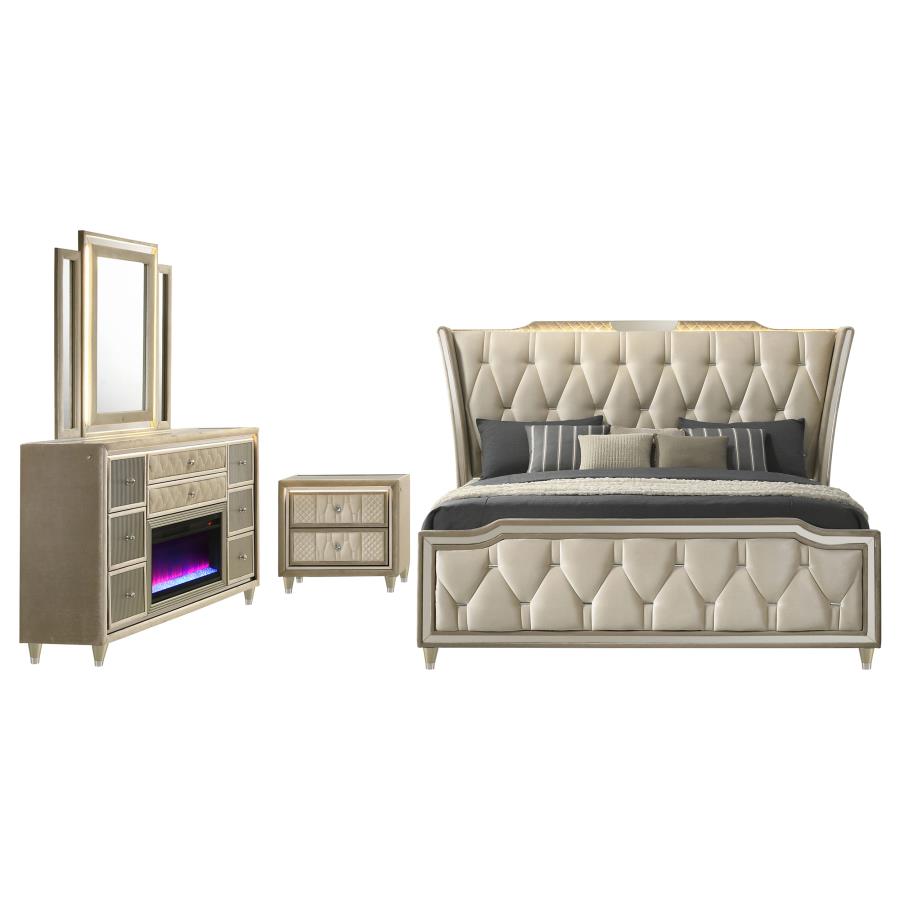 Lorient 4-piece California King Fireplace Bedroom Set Ivory and Camel