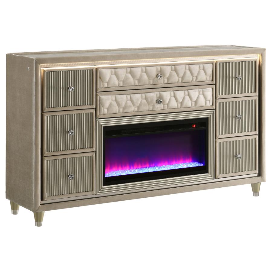 Lorient 4-piece California King Fireplace Bedroom Set Ivory and Camel