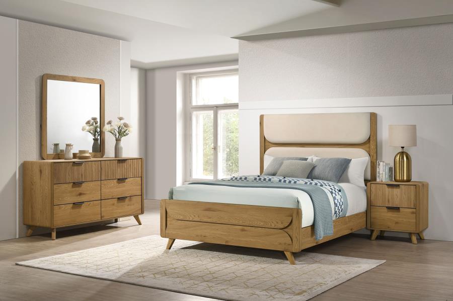 Bennett Eastern King Upholstered 4-Piece Mid-Century Bedroom Set Light Oak