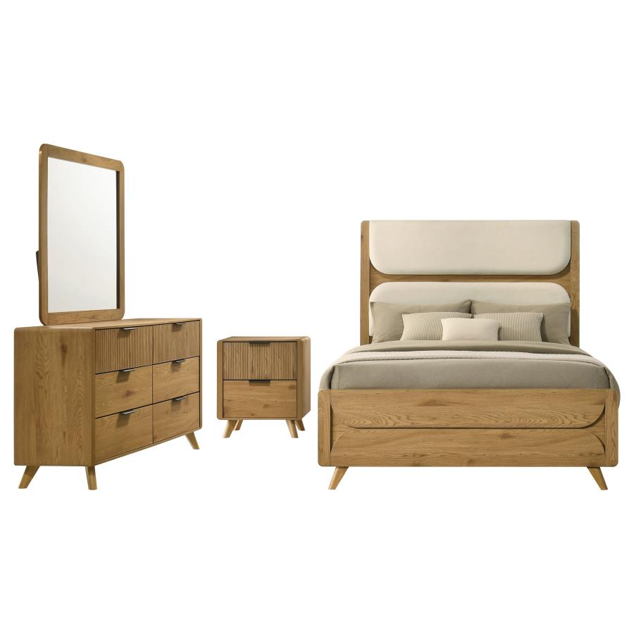 Bennett Eastern King Upholstered 4-Piece Mid-Century Bedroom Set Light Oak