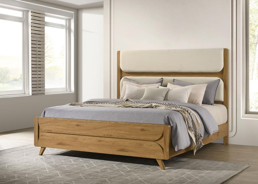 Bennett Eastern King Mid-Century Fabric Upholstered Panel Bed Light Oak