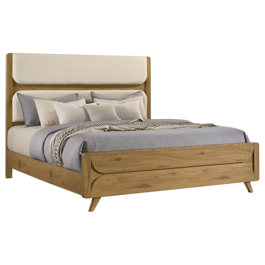 Bennett Eastern King Mid-Century Fabric Upholstered Panel Bed Light Oak