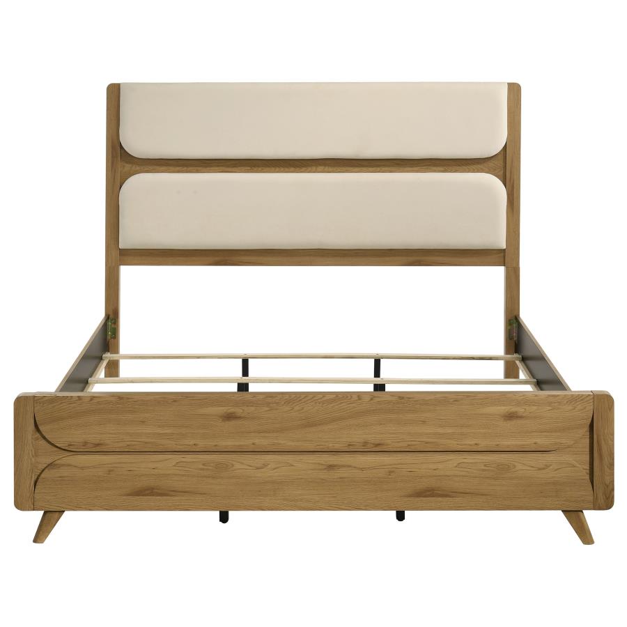 Bennett Eastern King Mid-Century Fabric Upholstered Panel Bed Light Oak