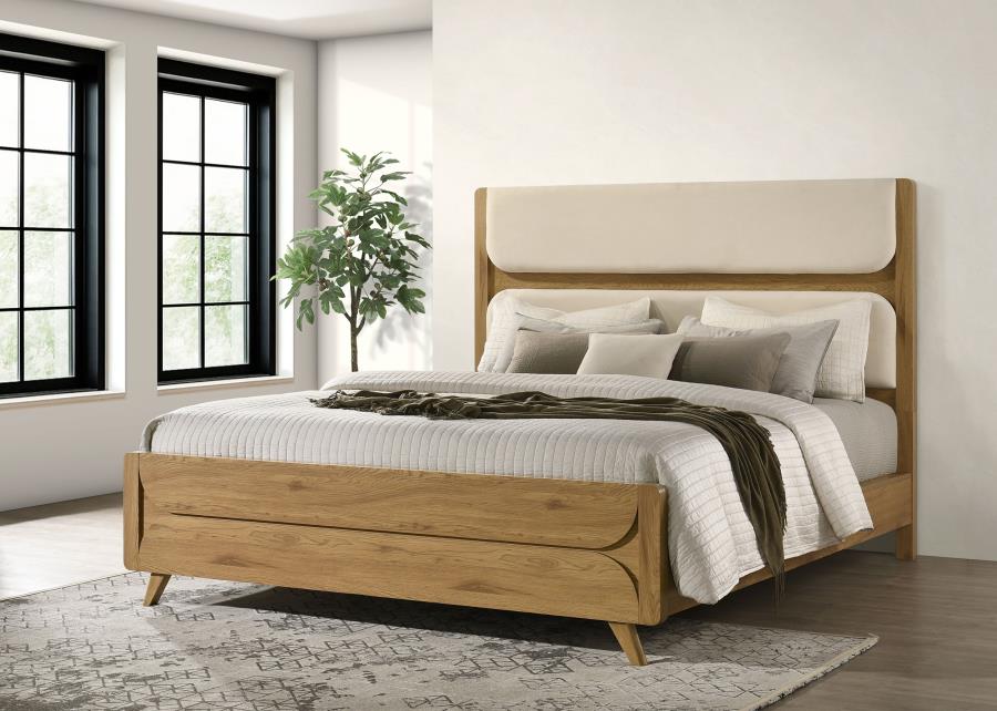 Bennett California King Mid-Century Fabric Upholstered Panel Bed Light Oak