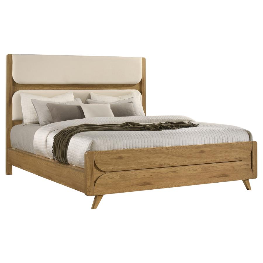 Bennett California King Mid-Century Fabric Upholstered Panel Bed Light Oak