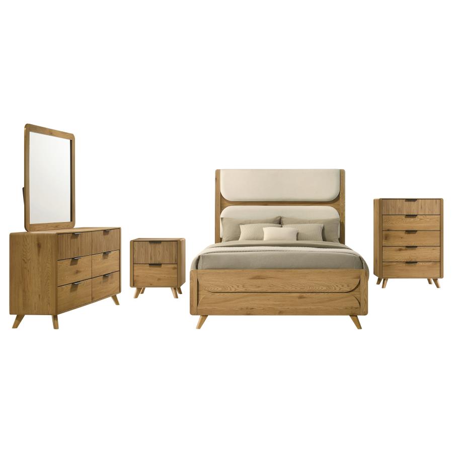 Bennett Queen Upholstered 5-Piece Mid-Century Bedroom Set Light Oak