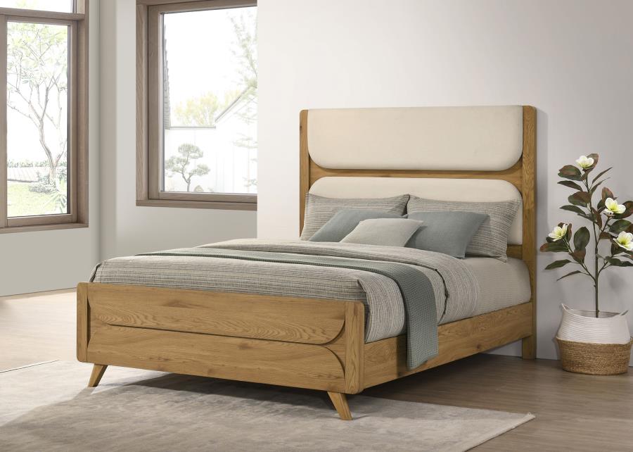 Bennett Queen Mid-Century Fabric Upholstered Panel Bed Light Oak