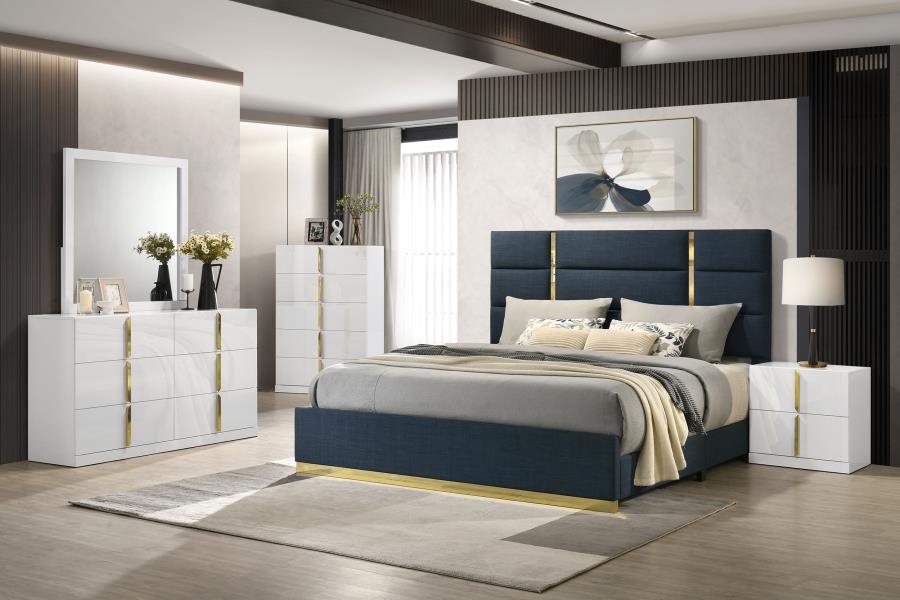 Ines 52-inch Fabric Upholstered Eastern King Panel Bed Navy