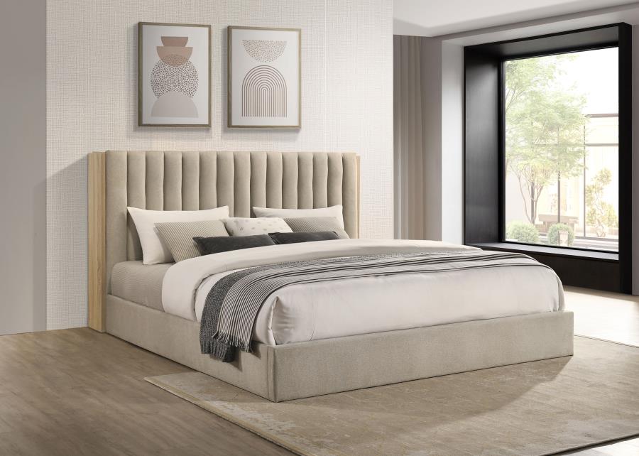 Arielle Eastern King Upholstered Bookcase Bed Light Tan and Light Oak