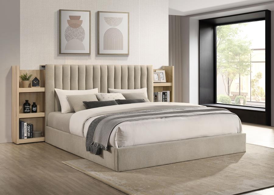 Arielle Eastern King Upholstered Bookcase Bed Light Tan and Light Oak