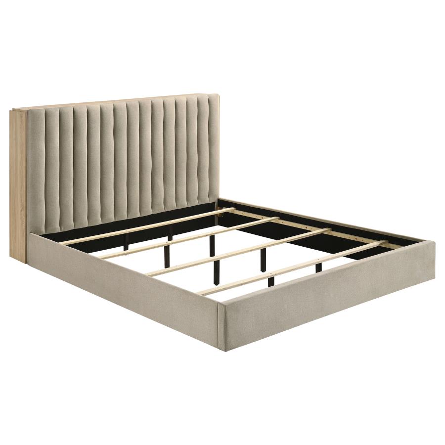 Arielle Eastern King Upholstered Bookcase Bed Light Tan and Light Oak