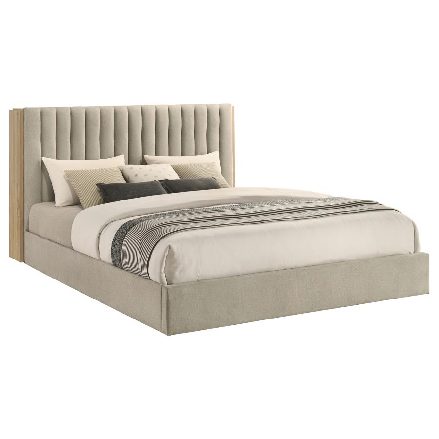 Arielle Eastern King Upholstered Bookcase Bed Light Tan and Light Oak