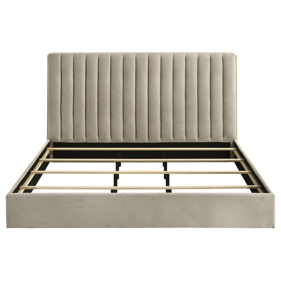 Arielle Eastern King Upholstered Bookcase Bed Light Tan and Light Oak