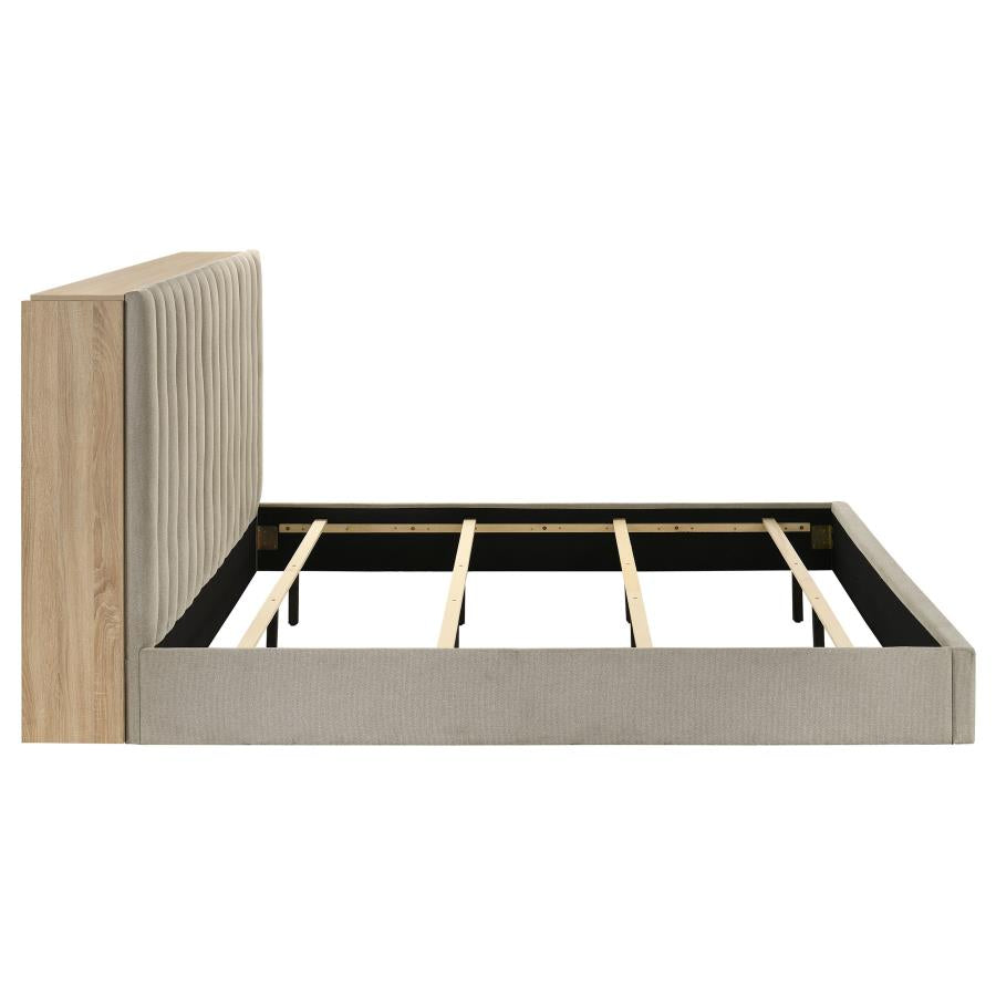 Arielle Eastern King Upholstered Bookcase Bed Light Tan and Light Oak