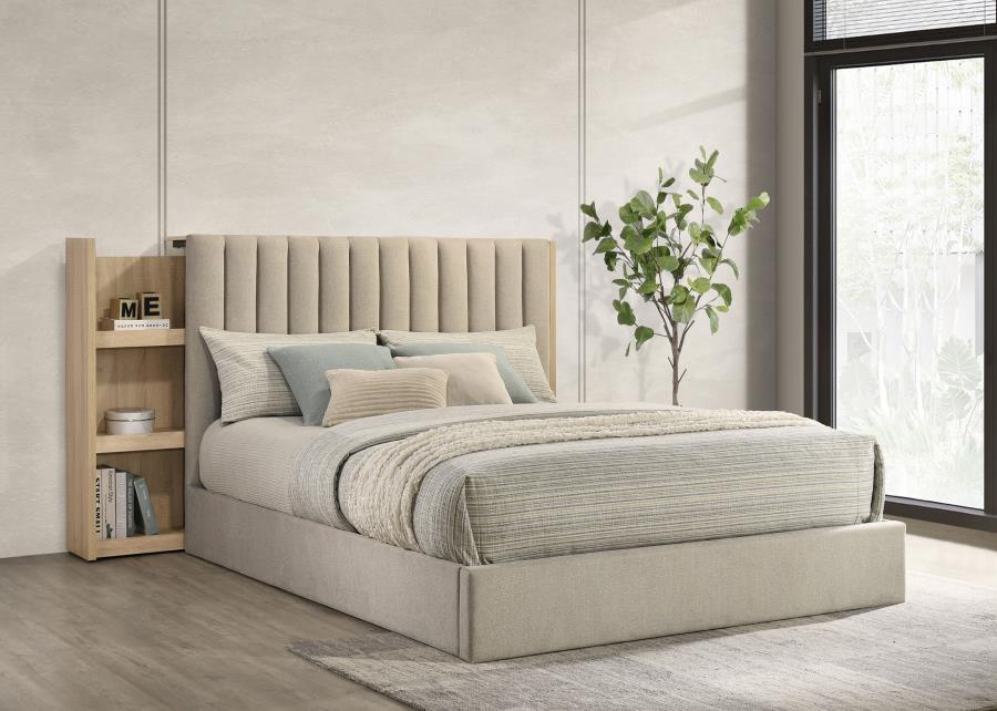 Arielle Queen Upholstered Bookcase Bed Light Tan and Light Oak
