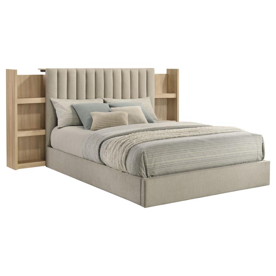 Arielle Queen Upholstered Bookcase Bed Light Tan and Light Oak