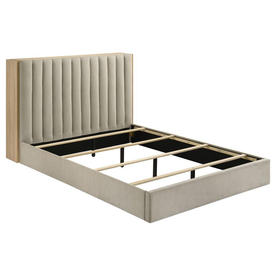 Arielle Queen Upholstered Bookcase Bed Light Tan and Light Oak