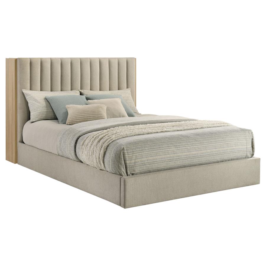 Arielle Queen Upholstered Bookcase Bed Light Tan and Light Oak