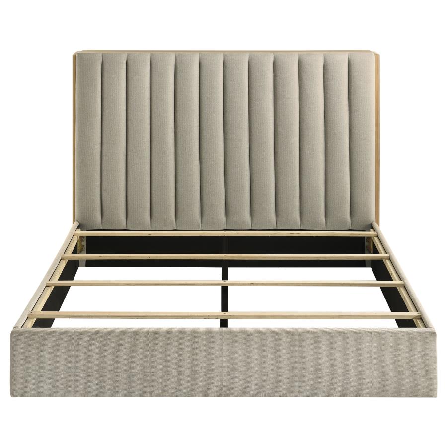 Arielle Queen Upholstered Bookcase Bed Light Tan and Light Oak