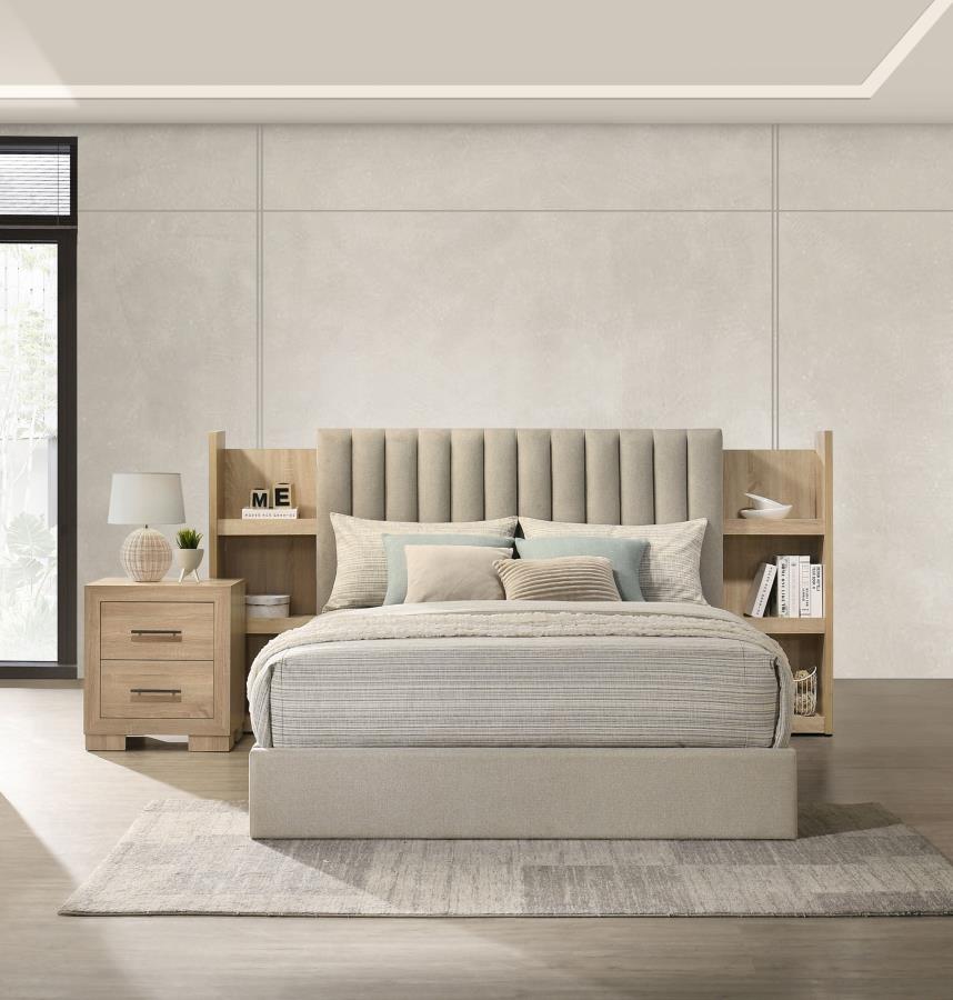 Arielle Queen Upholstered Bookcase Bed Light Tan and Light Oak