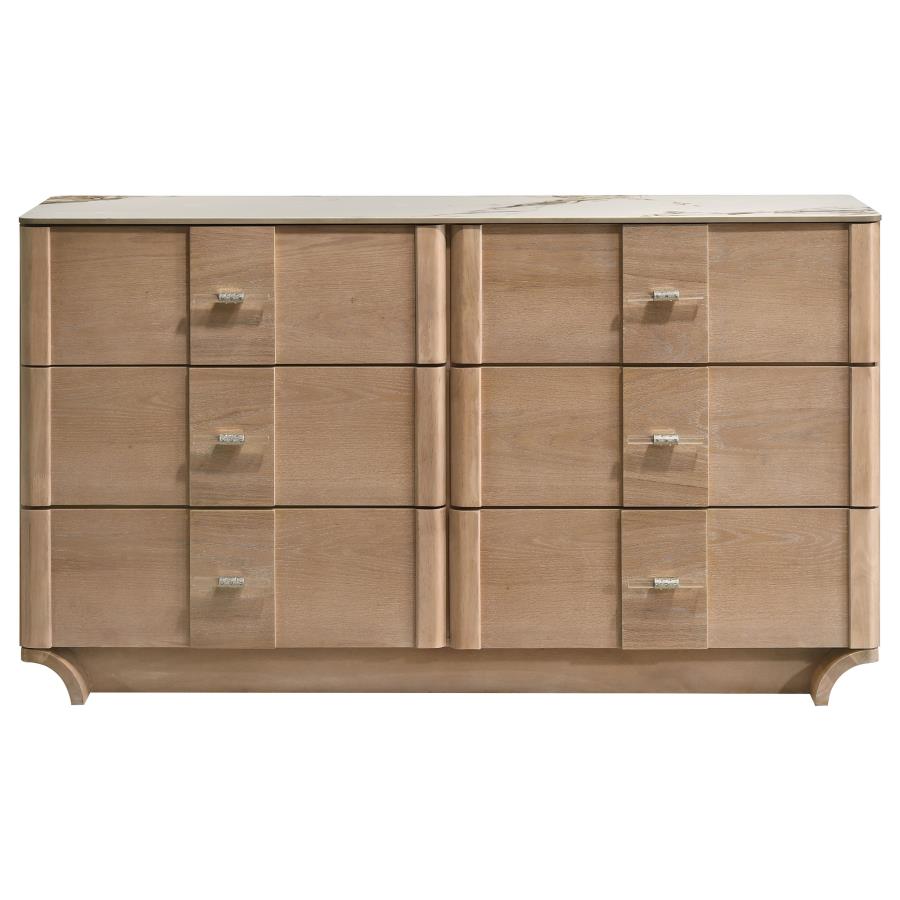 Leanne 6-drawer Sinter Stone Top Dresser Cabinet Light Oak